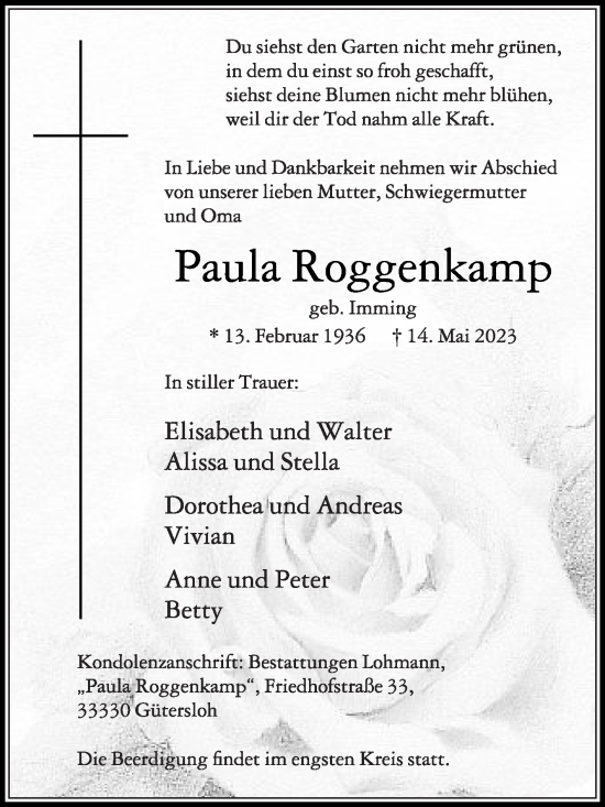 Traueranzeige von Paula Roggenkamp von Die Glocke