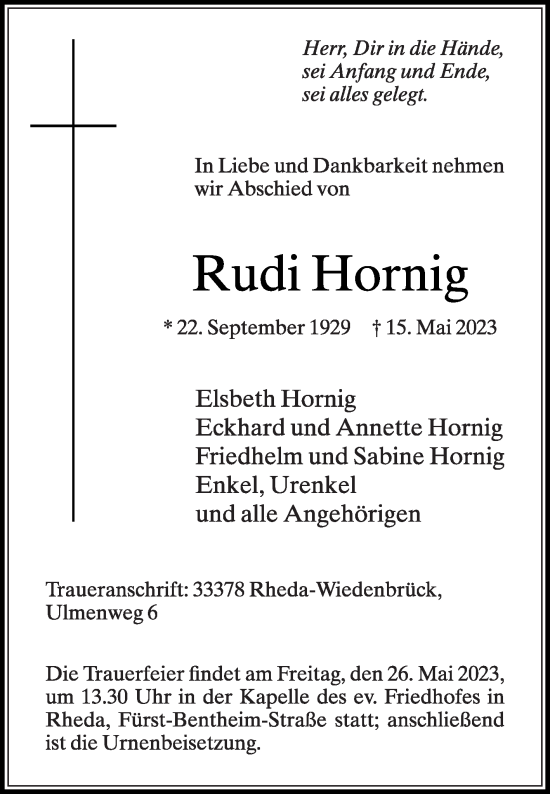 Traueranzeige von Rudi Hornig von Die Glocke