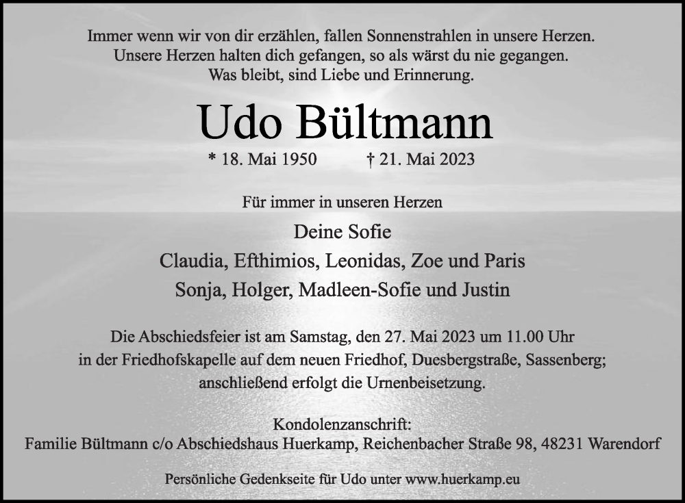  Traueranzeige für Udo Bültmann vom 24.05.2023 aus Die Glocke