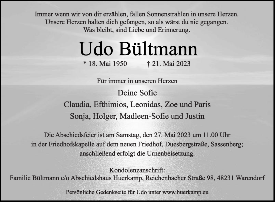 Traueranzeige von Udo Bültmann von Die Glocke