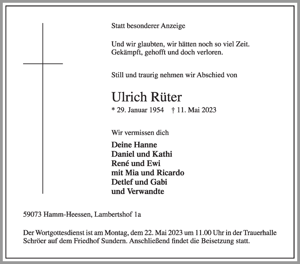  Traueranzeige für Ulrich Rüter vom 16.05.2023 aus Die Glocke