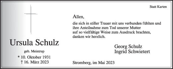 Traueranzeige von Ursula Schulz von Die Glocke