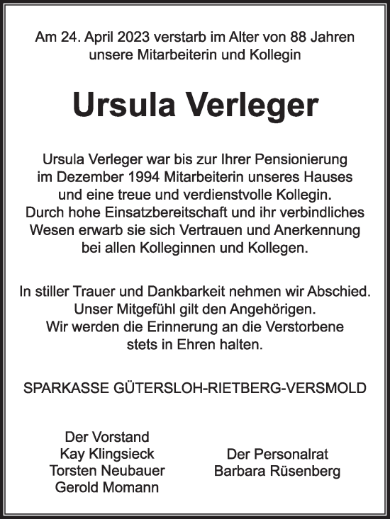 Traueranzeige von Ursula Verleger von Die Glocke