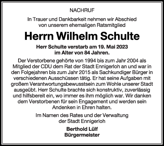 Traueranzeige von Wilhelm Schulte von Die Glocke