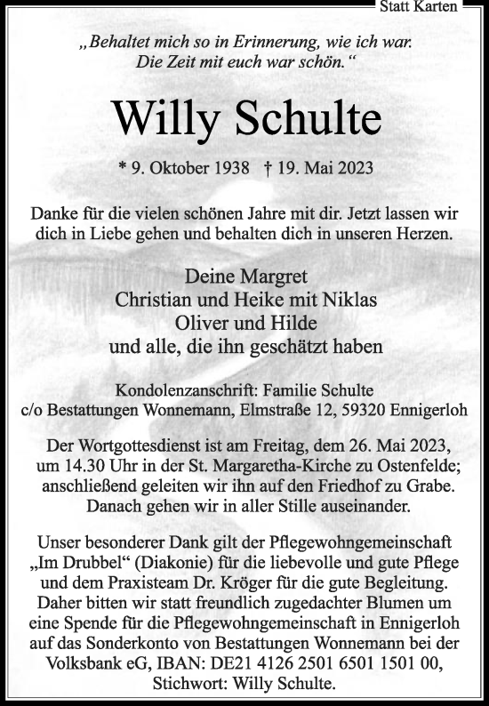 Traueranzeige von Willy Schulte von Die Glocke