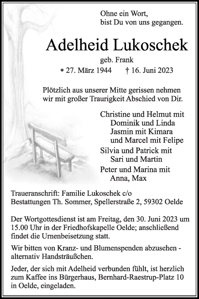  Traueranzeige für Adelheid Lukoschek vom 24.06.2023 aus Die Glocke
