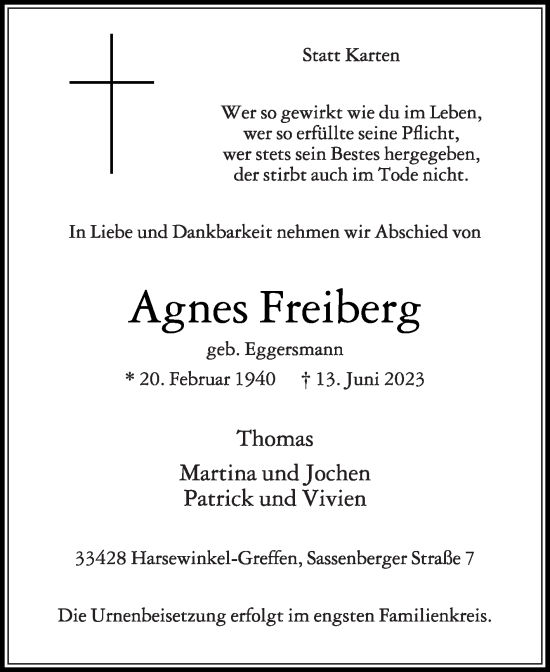 Traueranzeige von Agnes Freiberg von Die Glocke