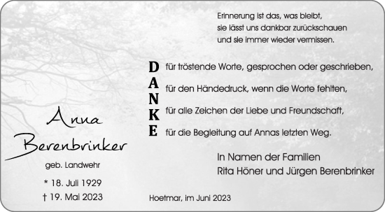 Traueranzeige von Anna Berenbrinker von Die Glocke