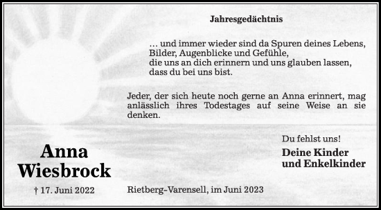 Traueranzeige von Anna Wiesbrock von Die Glocke