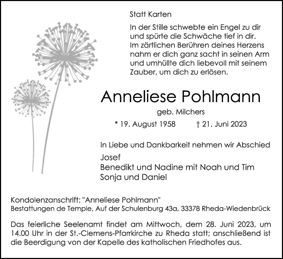 Traueranzeige von Anneliese Pohlmann von Die Glocke