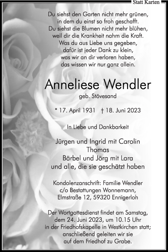 Traueranzeige von Anneliese Wendler von Die Glocke