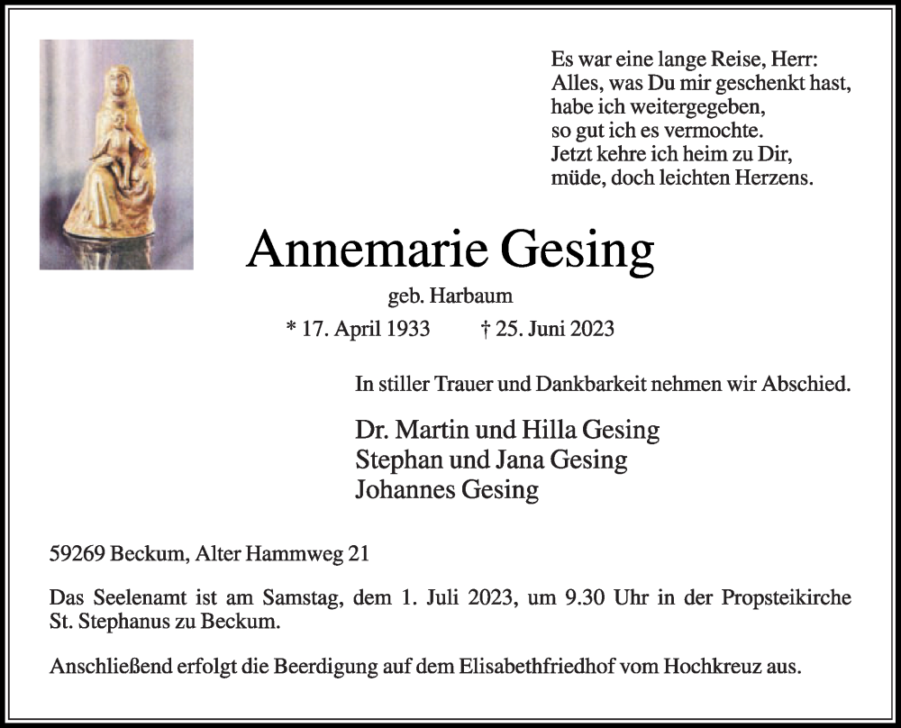 Traueranzeigen von Annemarie Gesing | trauer.die-glocke.de
