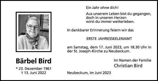 Traueranzeige von Bärbel Bird von Die Glocke