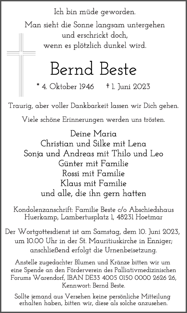  Traueranzeige für Bernd Beste vom 03.06.2023 aus Die Glocke