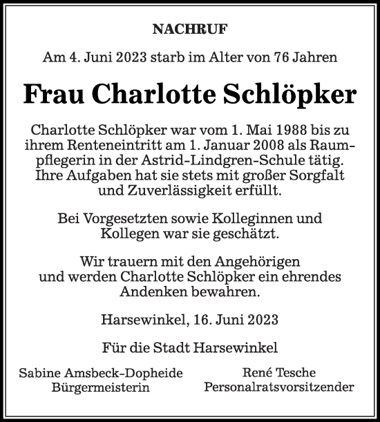 Traueranzeige von Charlotte Schlöpker von Die Glocke