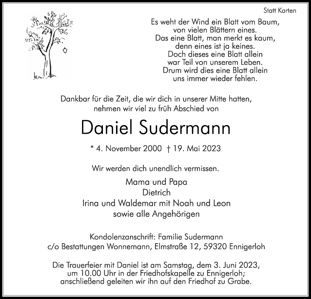  Traueranzeige für Daniel Sudermann vom 01.06.2023 aus Die Glocke