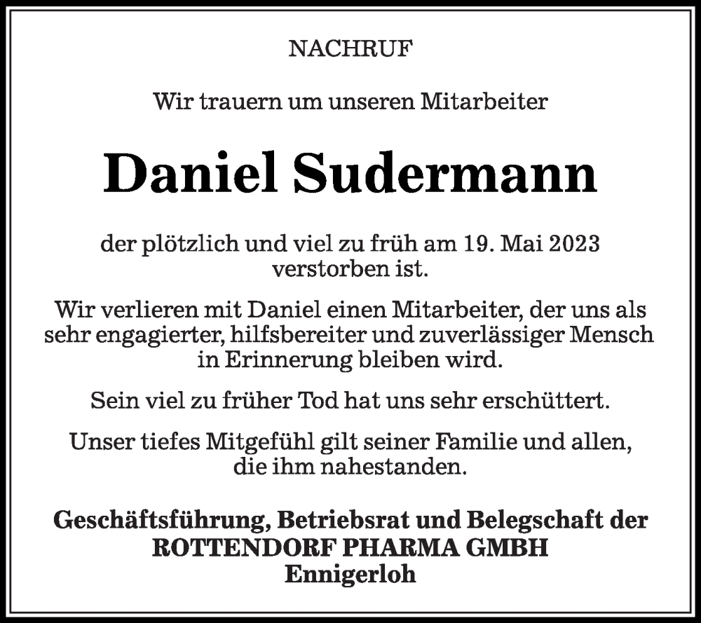  Traueranzeige für Daniel Sudermann vom 10.06.2023 aus Die Glocke