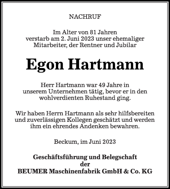 Traueranzeige von Egon Hartmann von Die Glocke
