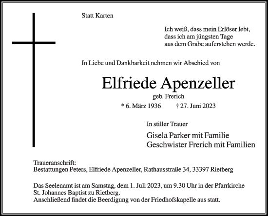 Traueranzeige von Elfriede Apenzeller von Die Glocke
