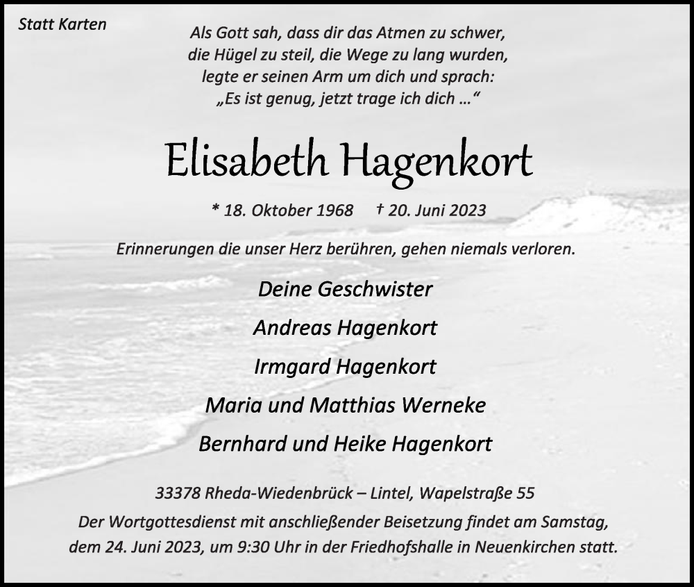  Traueranzeige für Elisabeth Hagenkort vom 22.06.2023 aus Die Glocke