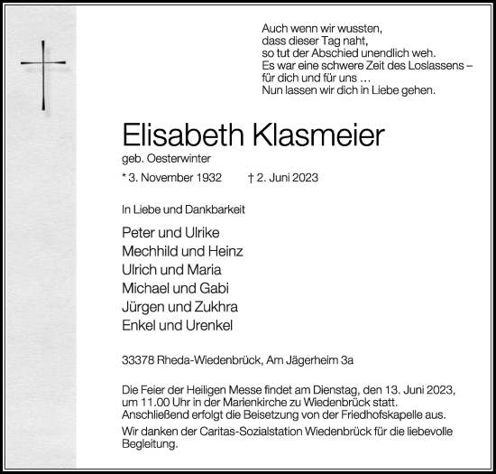 Traueranzeige von Elisabeth Klasmeier von Die Glocke