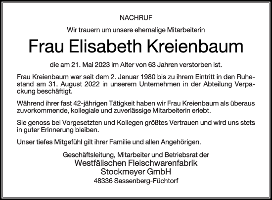 Traueranzeige von Elisabeth Kreienbaum von Die Glocke