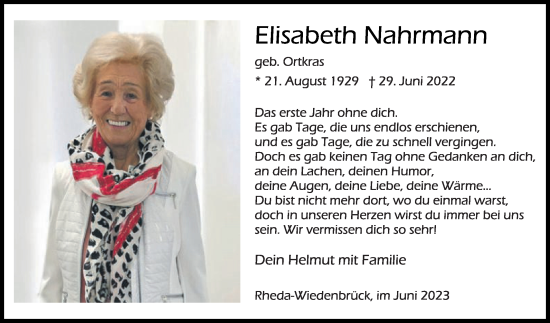 Traueranzeige von Elisabeth Nahrmann von Die Glocke