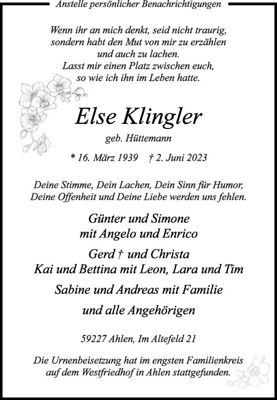Traueranzeige von Else Klingler von Die Glocke