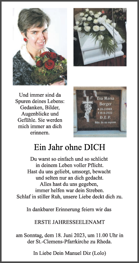 Traueranzeige von Eva Maria Berger von Die Glocke