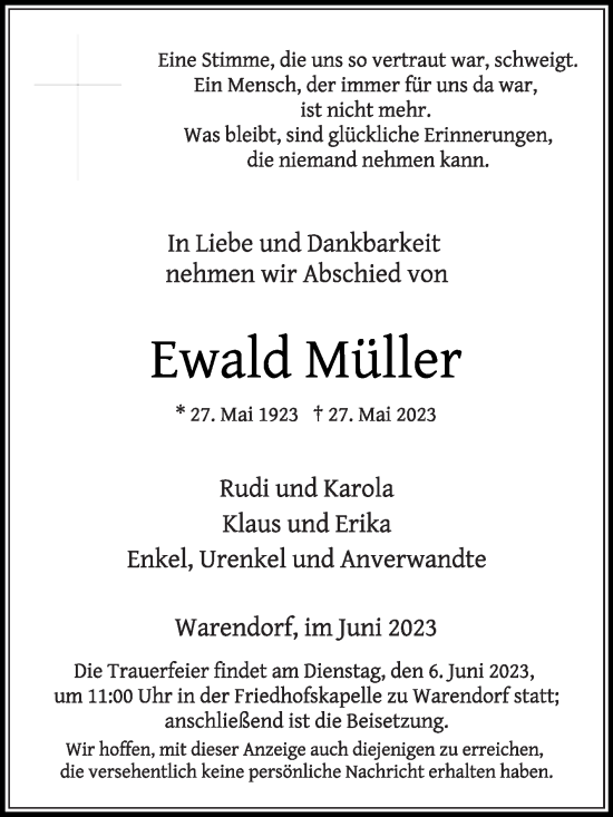 Traueranzeige von Ewald Müller von Die Glocke