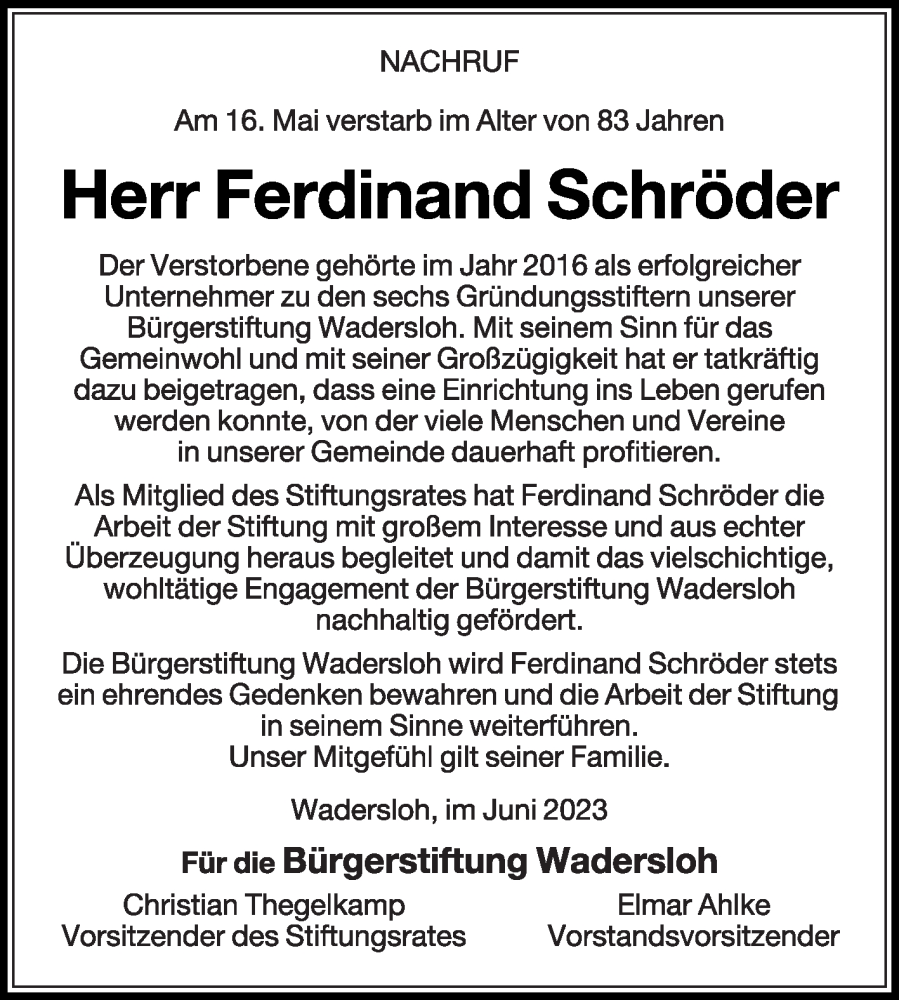  Traueranzeige für Ferdinand Schröder vom 01.06.2023 aus Die Glocke