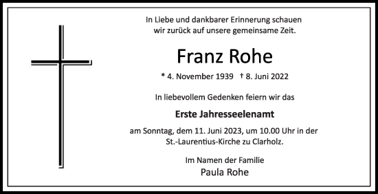 Traueranzeige von Franz Rohe von Die Glocke