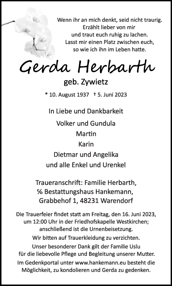 Traueranzeige von Gerda Herbarth von Die Glocke