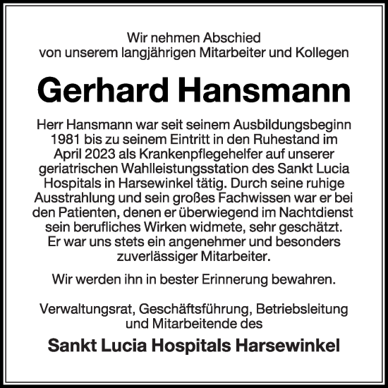 Traueranzeige von Gerhard Hansmann von Die Glocke