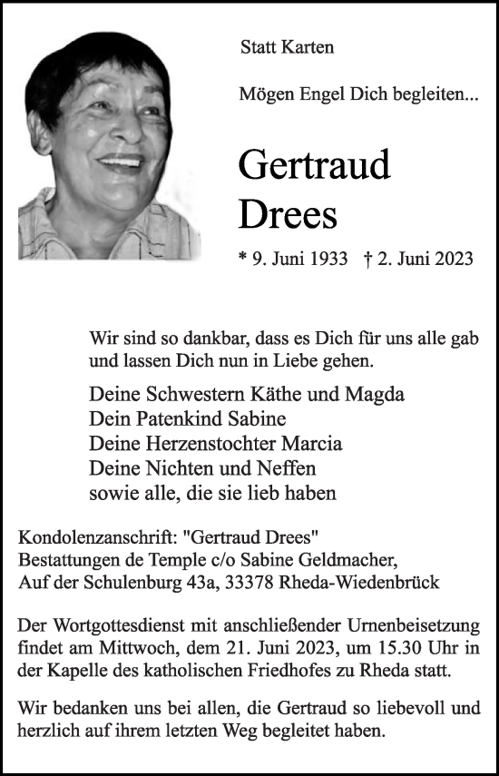 Traueranzeige von Gertraud Drees von Die Glocke