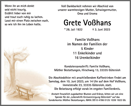 Traueranzeige von Grete Voßhans von Die Glocke
