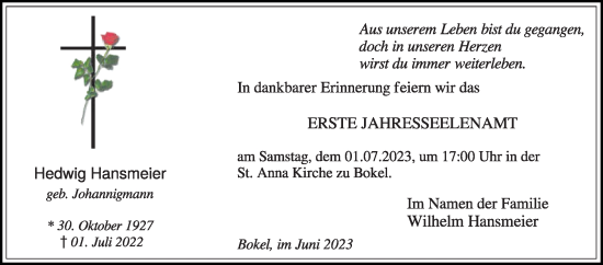 Traueranzeige von Hedwig Hansmeier von Die Glocke