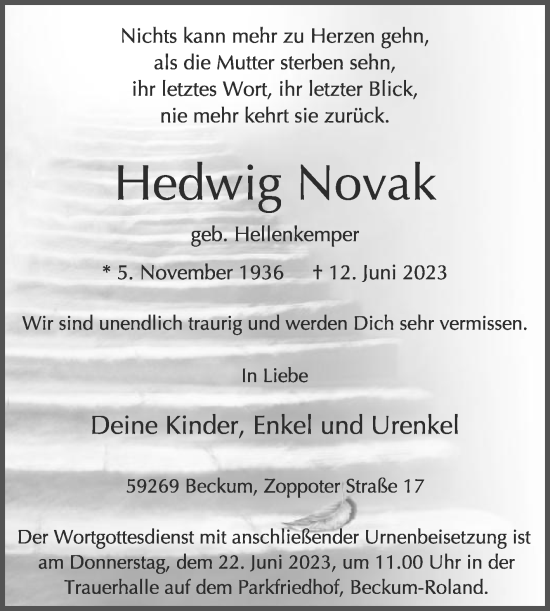 Traueranzeige von Hedwig Novak von Die Glocke