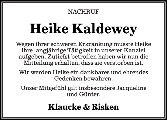 Traueranzeige von Heike Kaldewey von Die Glocke
