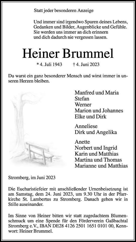 Traueranzeige von Heiner Brummel von Die Glocke