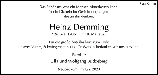 Traueranzeige von Heinz Demming von Die Glocke