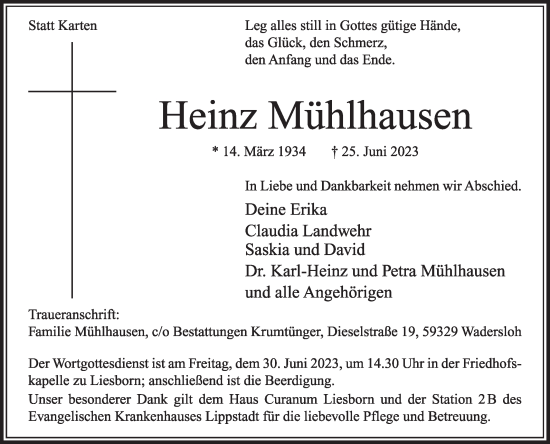 Traueranzeige von Heinz Mühlhausen von Die Glocke