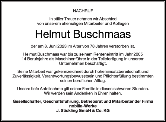Traueranzeige von Helmut Buschmaas von Die Glocke