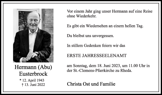 Traueranzeige von Hermann Eusterbrock von Die Glocke