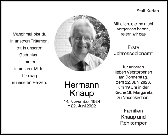 Traueranzeige von Hermann Knaup von Die Glocke