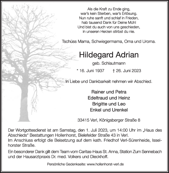 Traueranzeige von Hildegard Adrian von Die Glocke