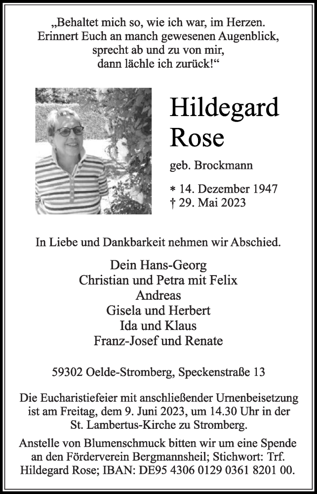 Traueranzeige für Hildegard Rose vom 03.06.2023 aus Die Glocke
