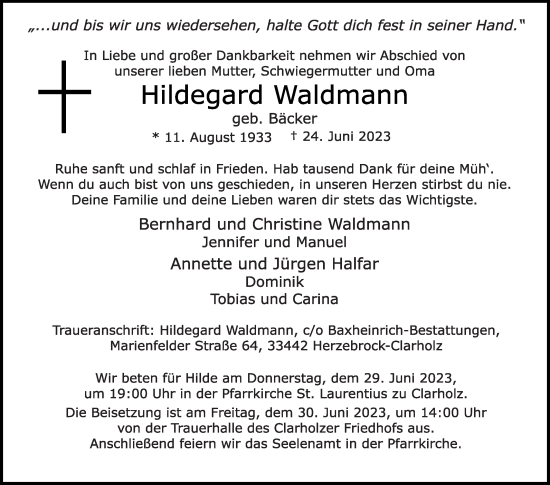 Traueranzeige von Hildegard Waldmann von Die Glocke