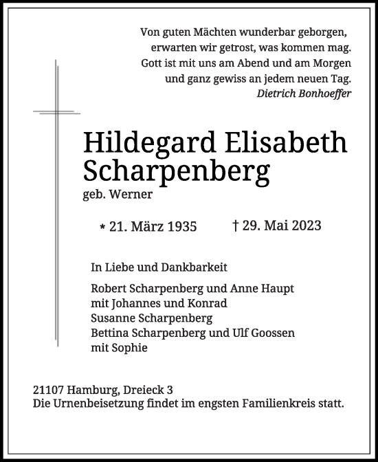 Traueranzeige von Hildegard Elisabeth Scharpenberg von Die Glocke
