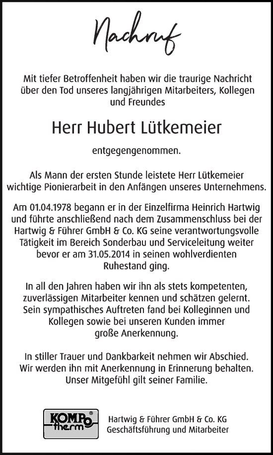 Traueranzeige von Hubert Lütkemeier von Die Glocke
